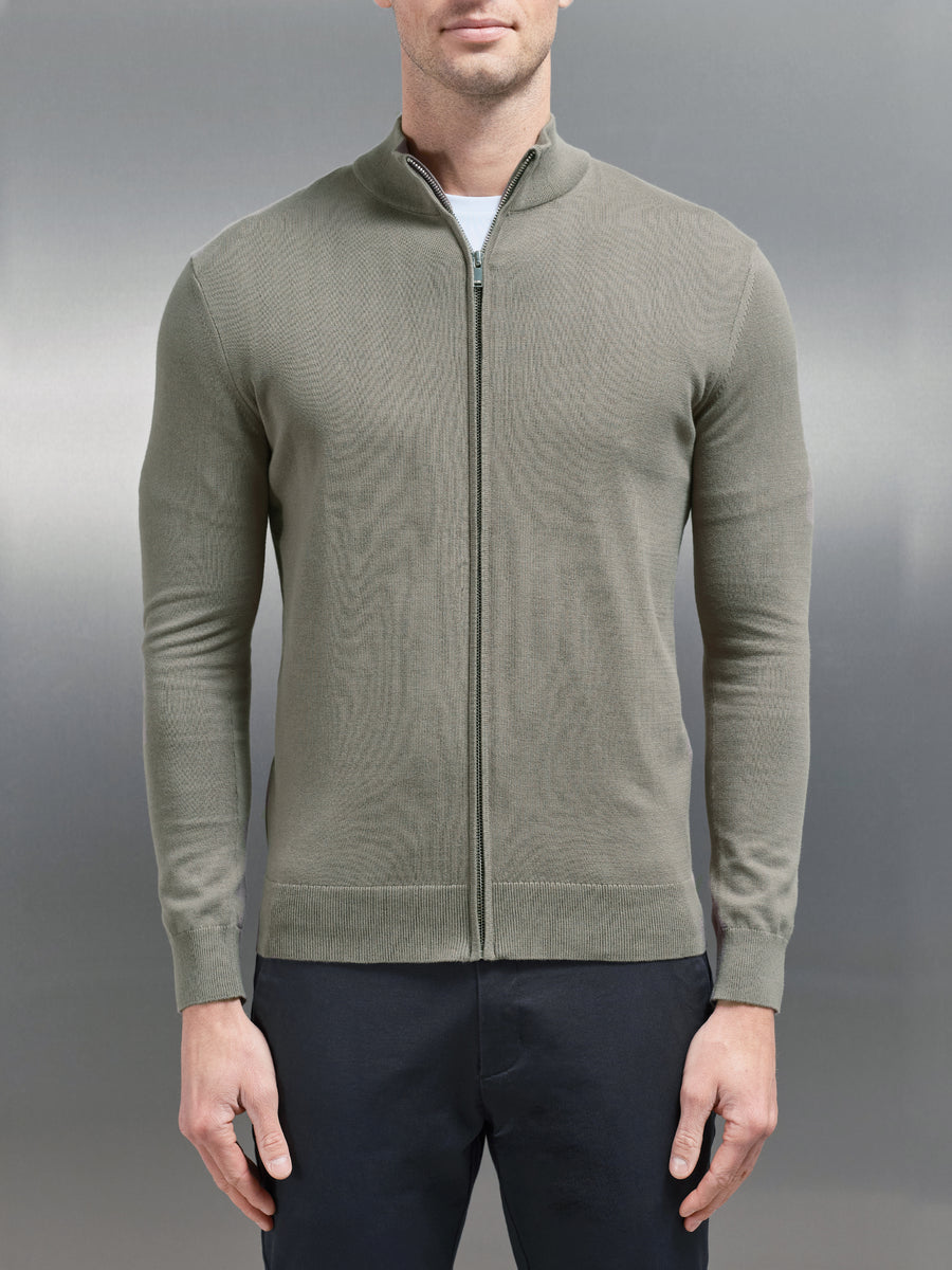 Cotton Knitted Zip Through Jacket in Sage