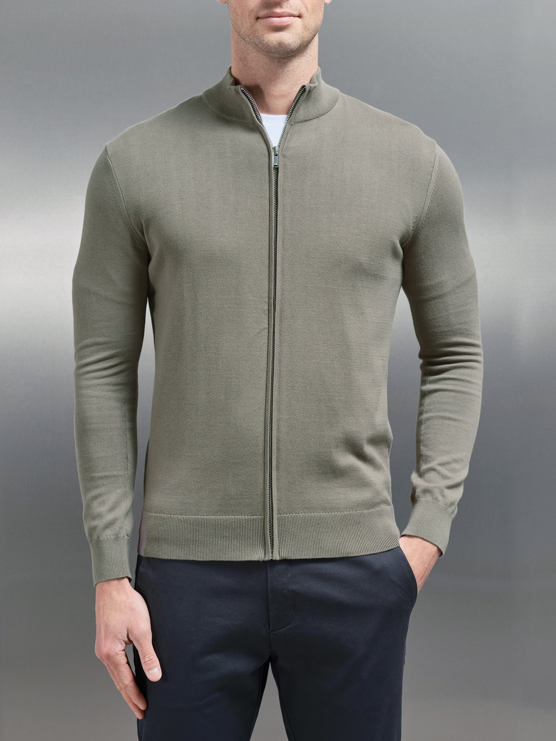 Cotton Knitted Zip Through Jacket in Sage