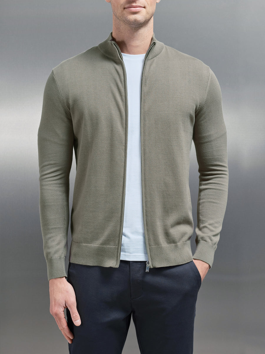 Cotton Knitted Zip Through Jacket in Sage