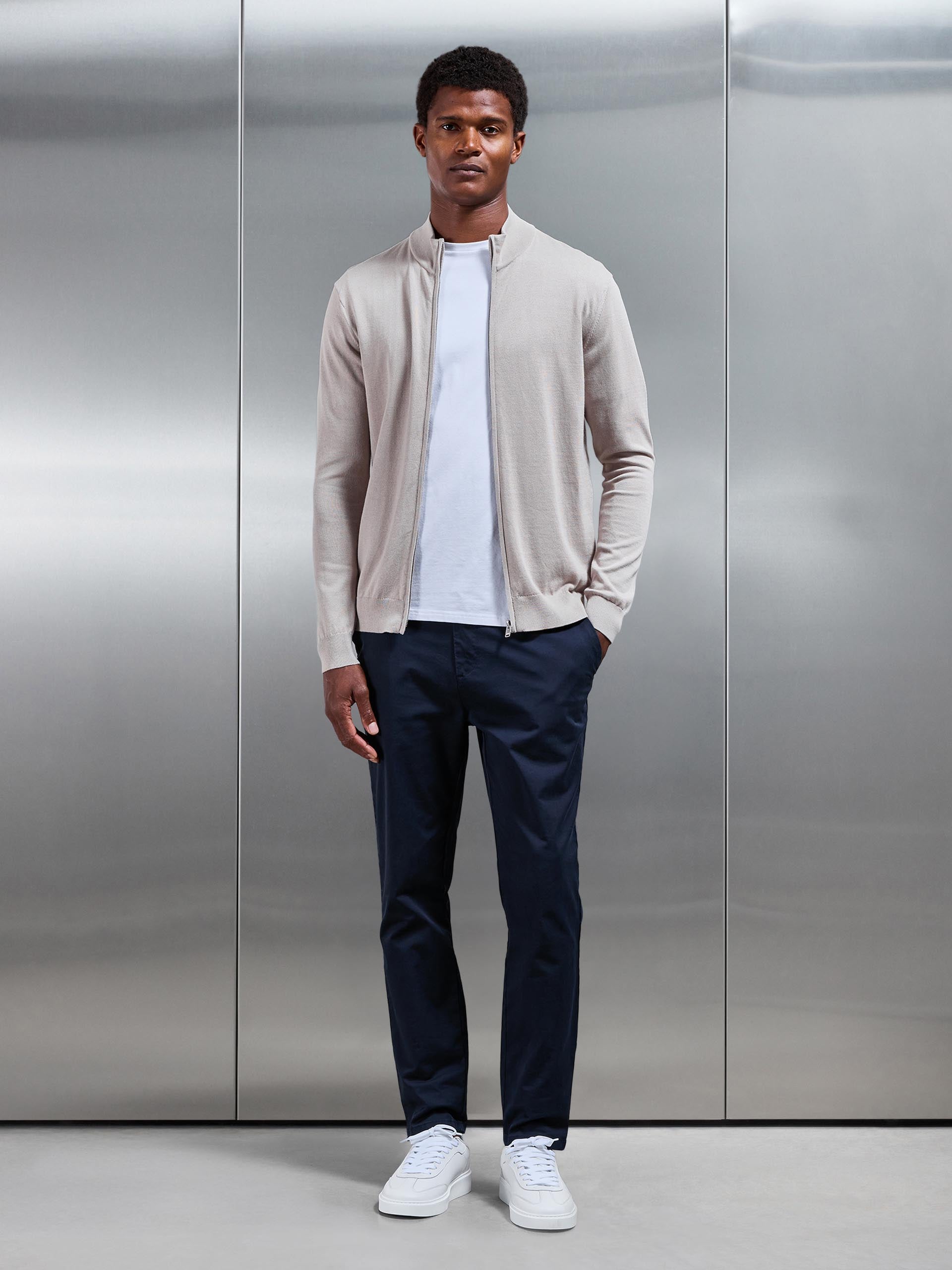 Cotton Knitted Zip Through Jacket In Stone