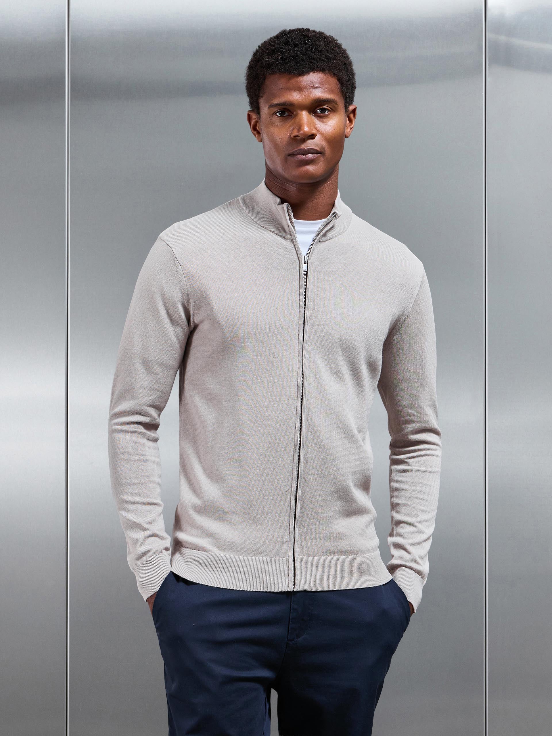 Cotton Knitted Zip Through Jacket In Stone