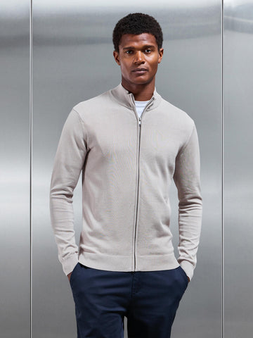 Cotton Knitted Zip Through Jacket In Stone