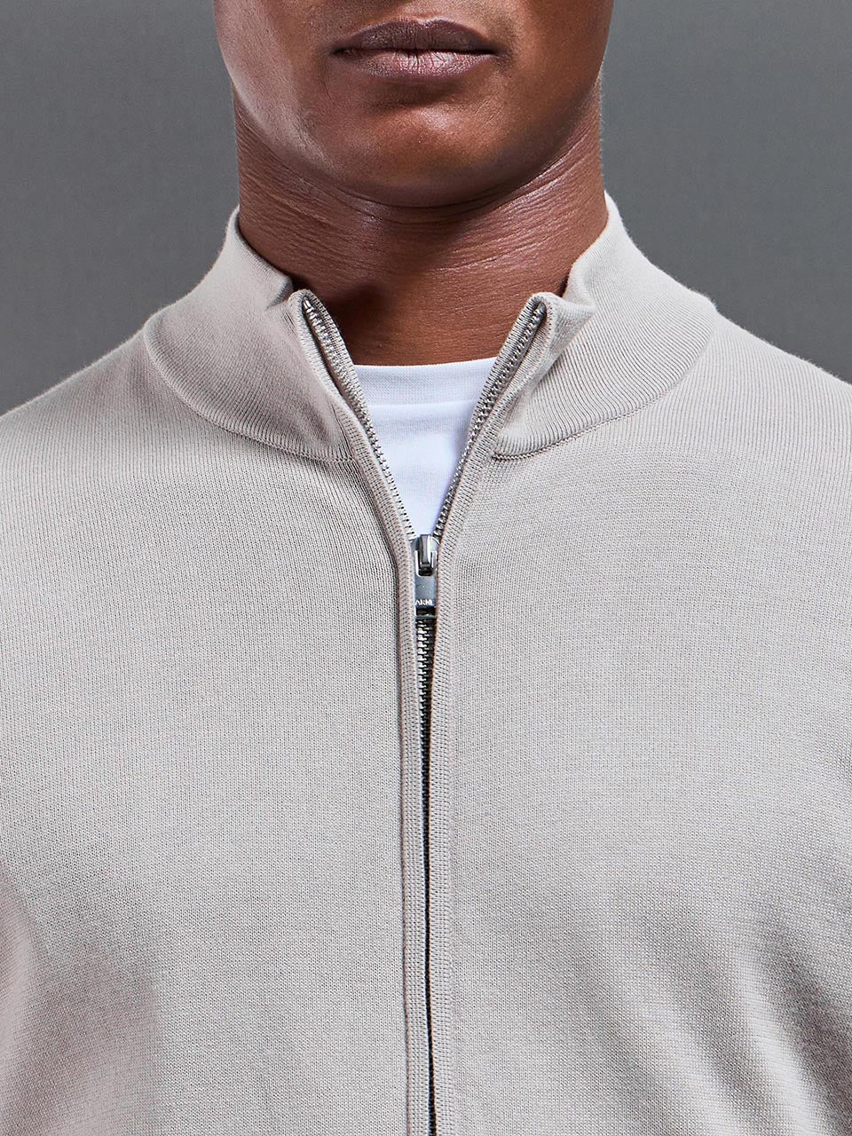 Cotton Knitted Zip Through Jacket In Stone