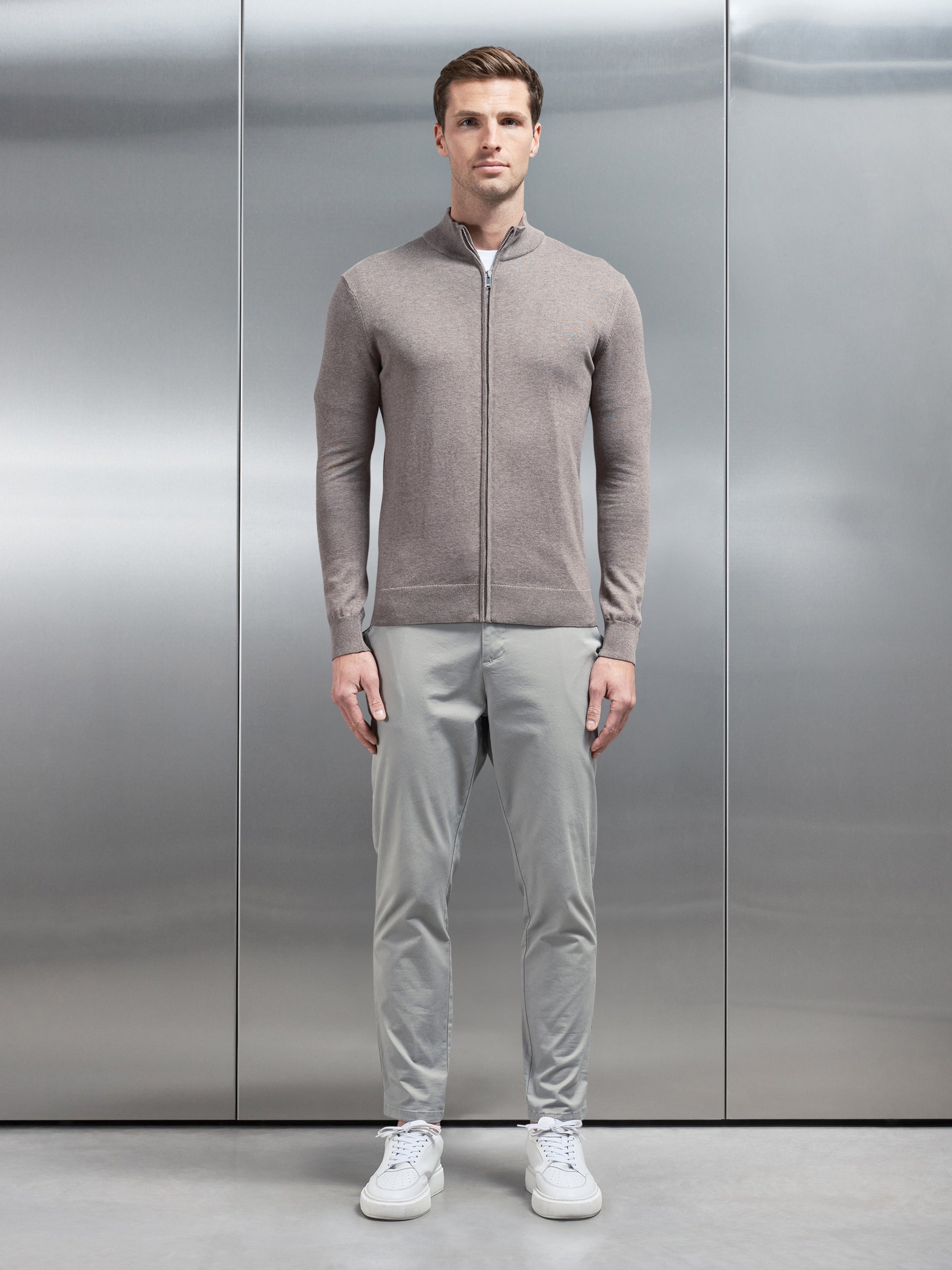 Cotton Knitted Zip Through Jacket in Taupe Marl