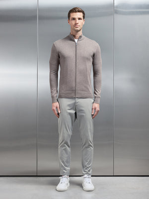 Cotton Knitted Zip Through Jacket in Taupe Marl