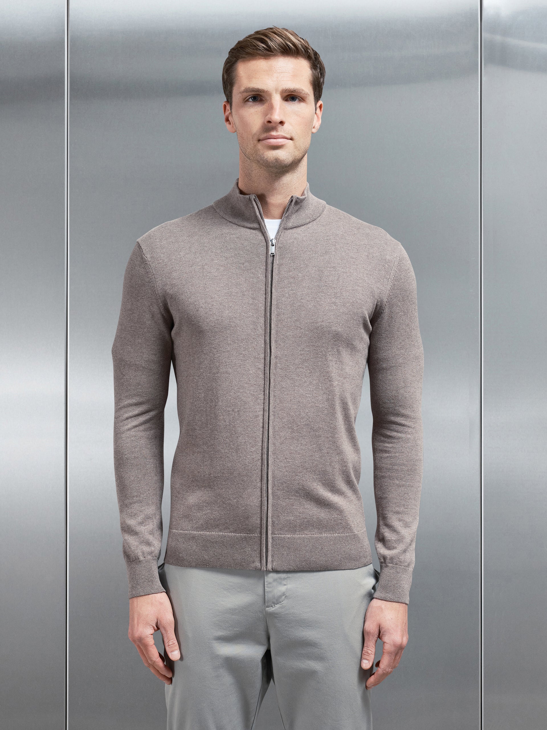 Cotton Knitted Zip Through Jacket in Taupe Marl