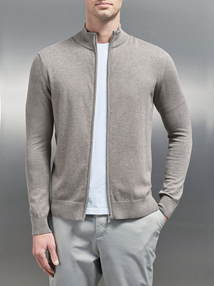 Cotton Knitted Zip Through Jacket in Taupe Marl