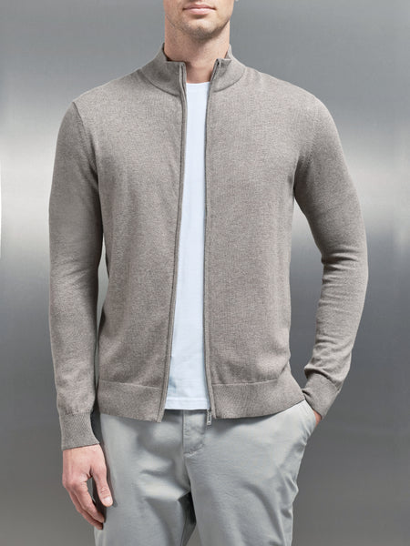 Cotton Knitted Zip Through Jacket in Taupe Marl