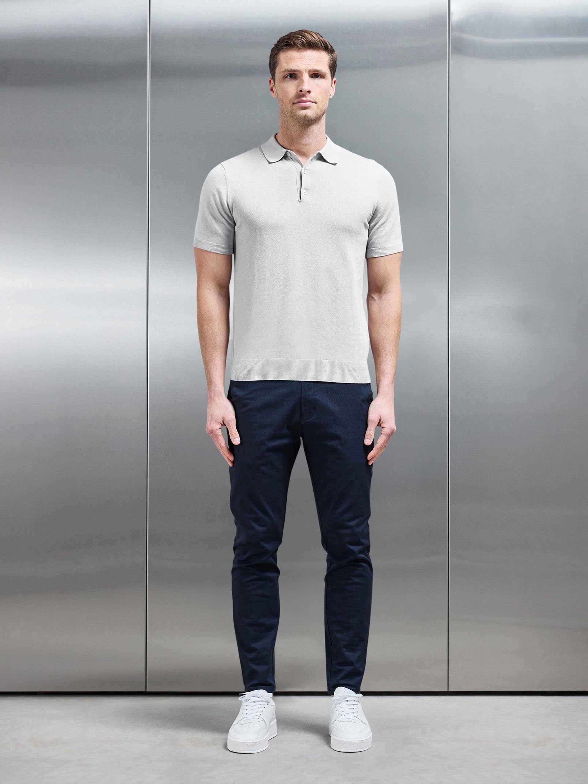Cotton Knitted Button Polo Shirt in Mid Grey
