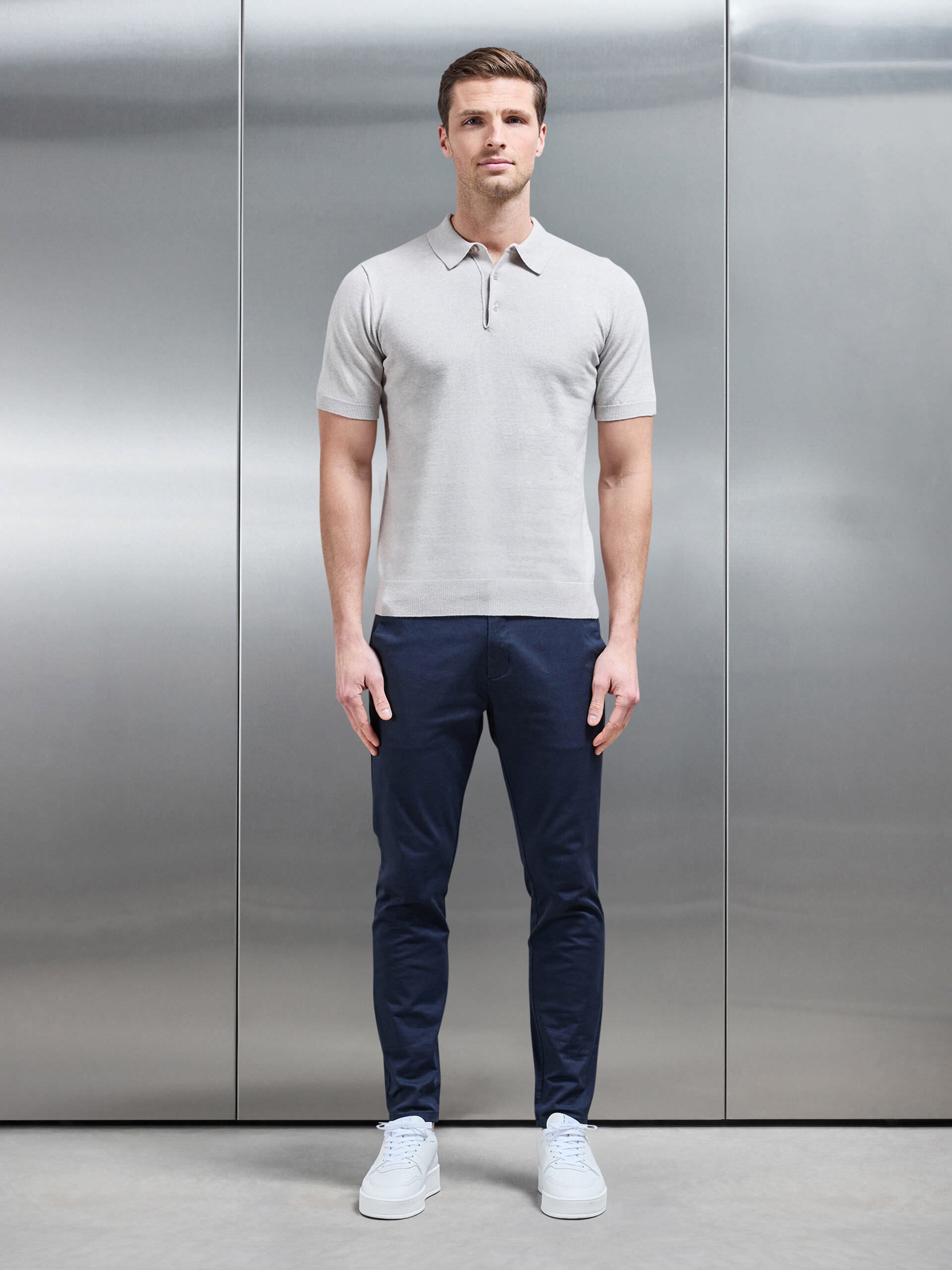 Cotton Knitted Button Polo Shirt in Oatmeal