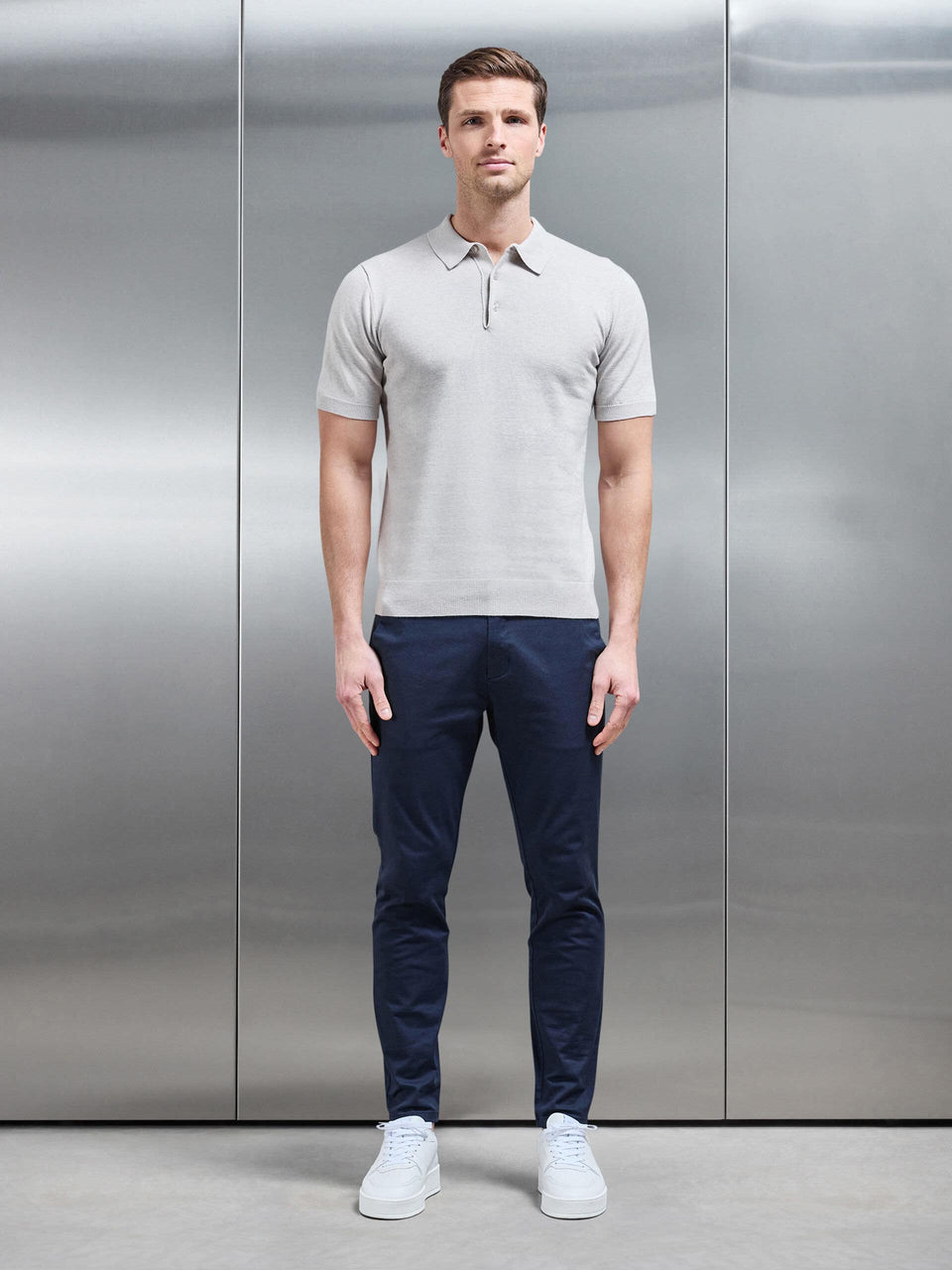 Cotton Knitted Button Polo Shirt in Oatmeal
