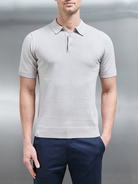 Cotton Knitted Button Polo Shirt in Oatmeal