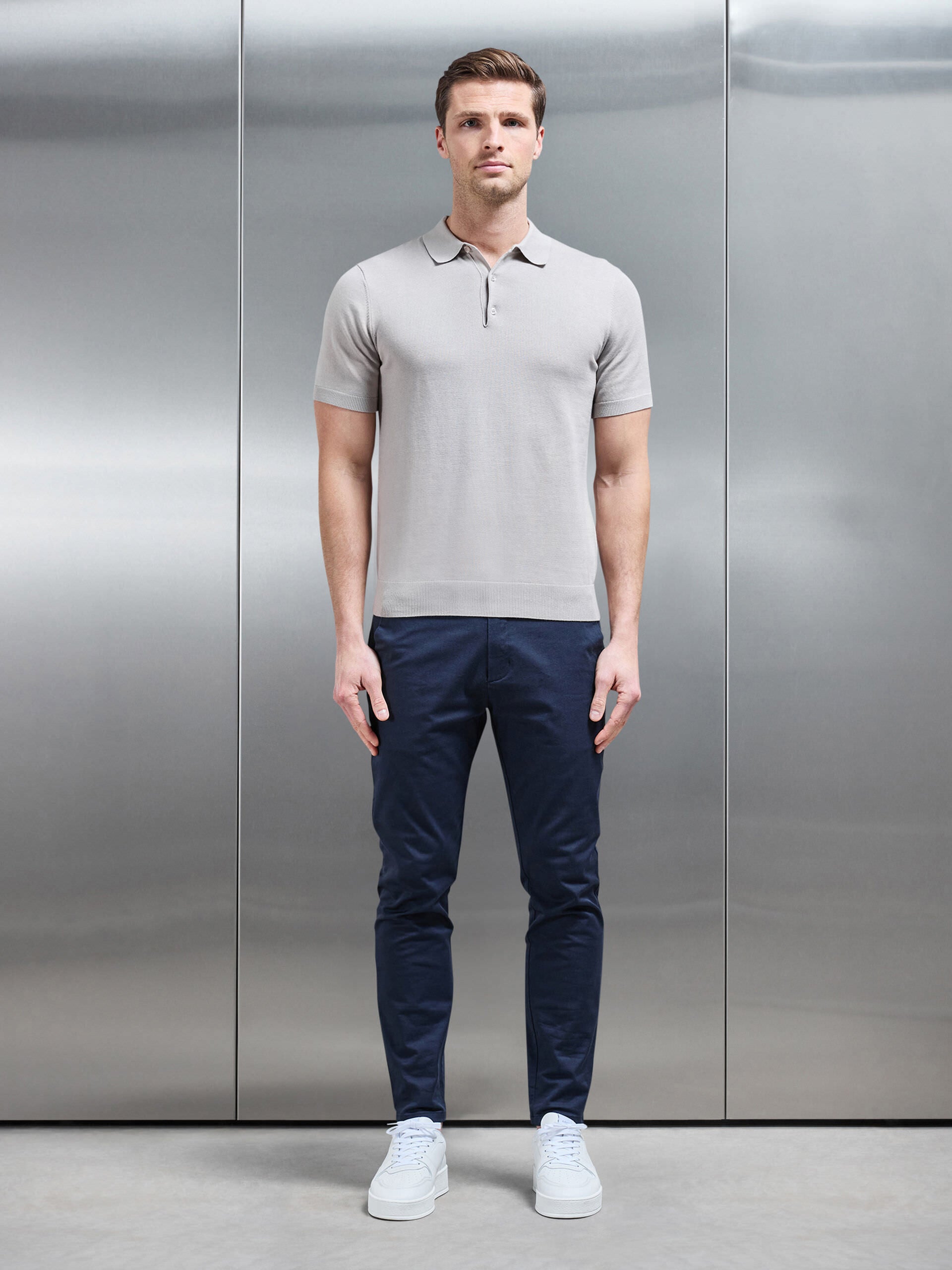 Cotton Knitted Button Polo Shirt in Stone