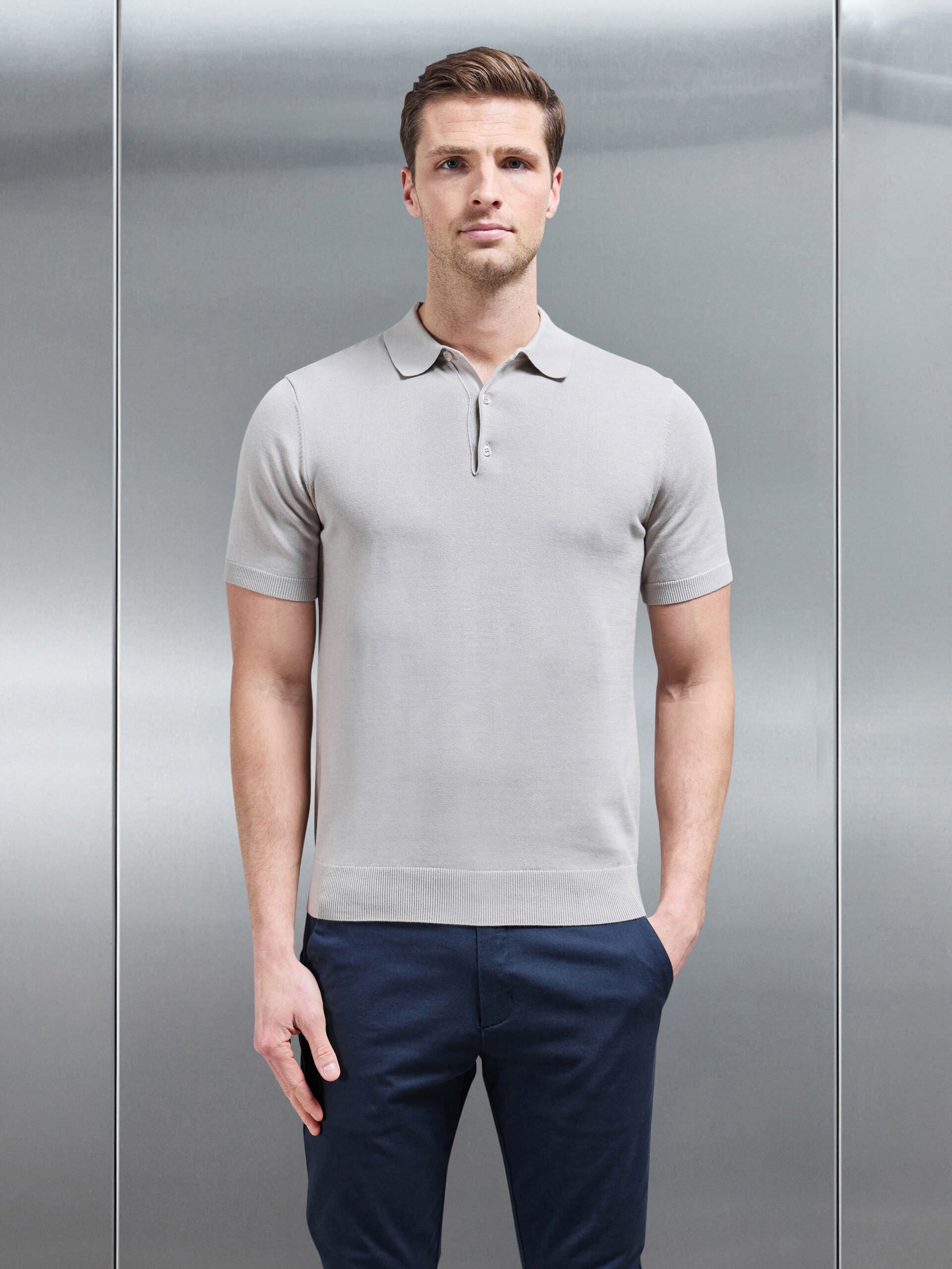 Cotton Knitted Button Polo Shirt in Stone