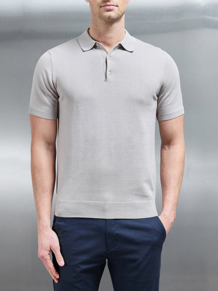 Cotton Knitted Button Polo Shirt in Stone