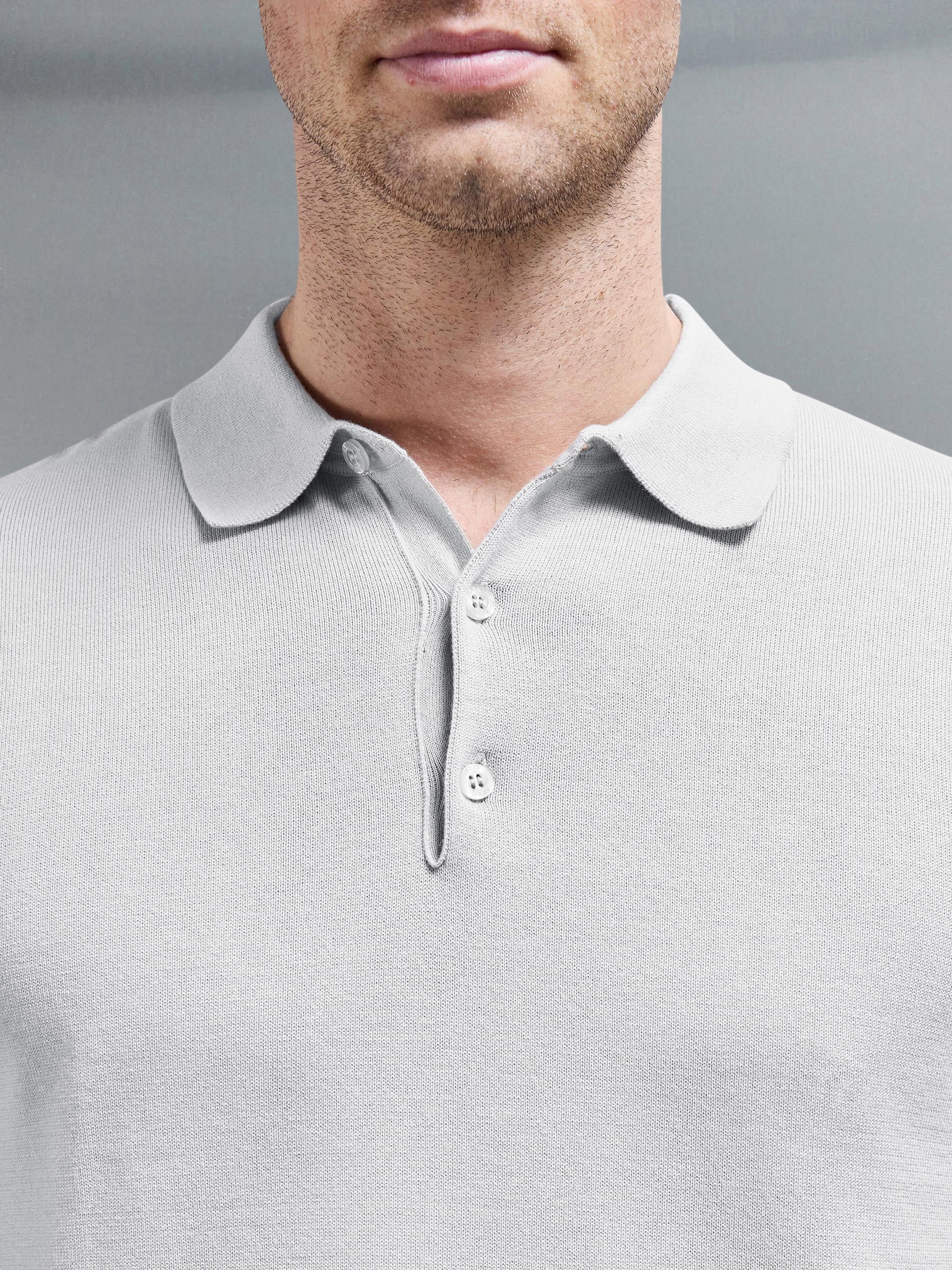 Cotton Knitted Button Polo Shirt in Mid Grey