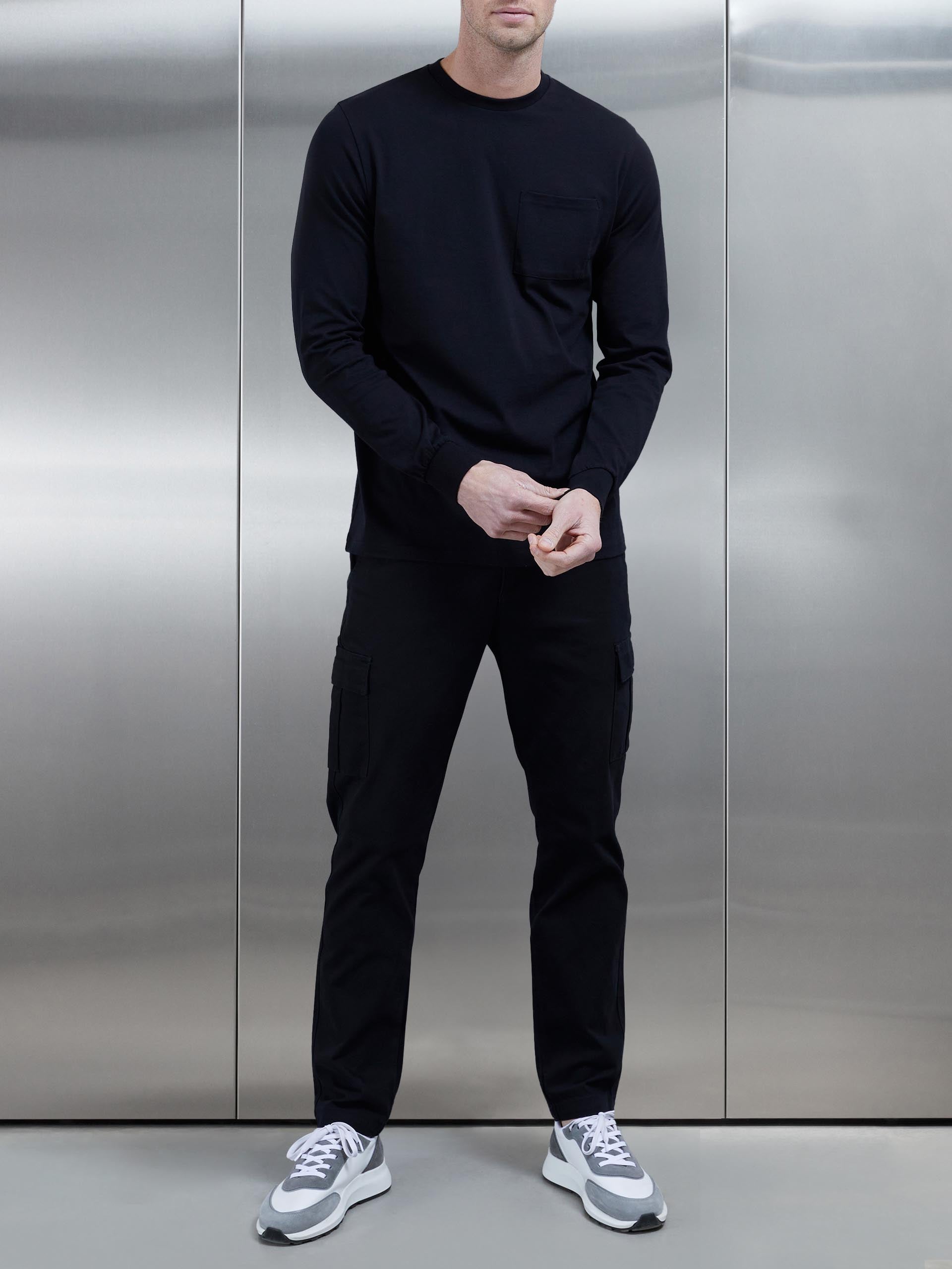 Cotton Pocket Long Sleeve T-Shirt in Black