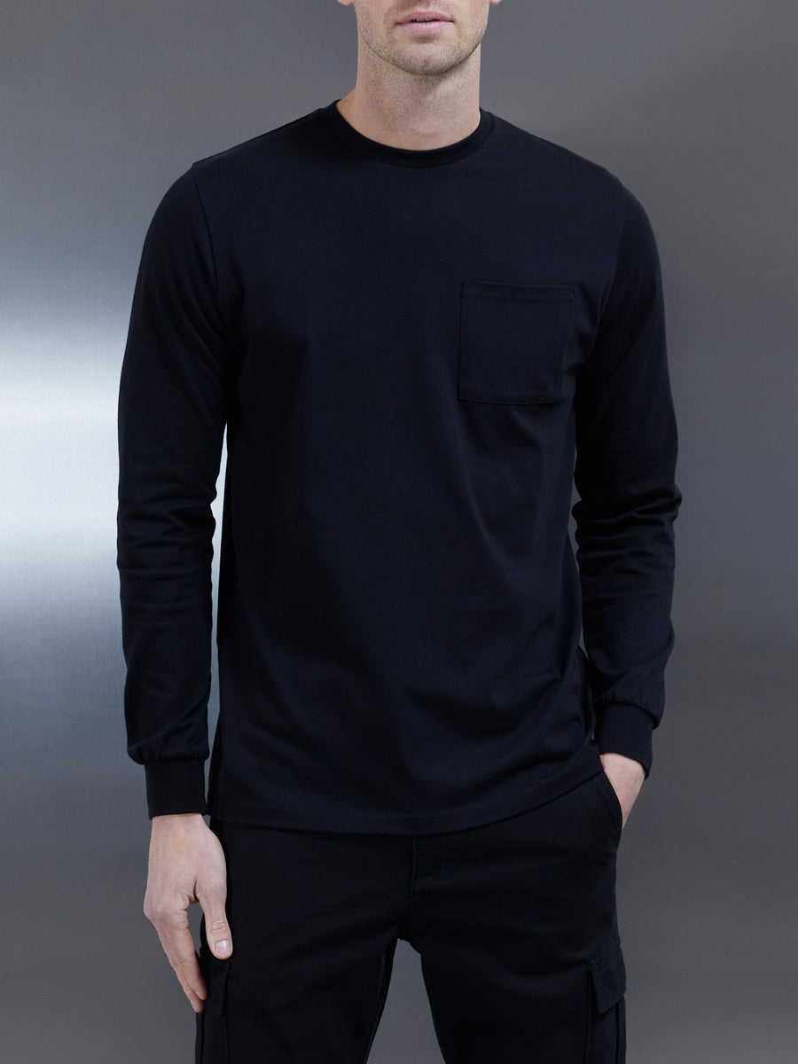 Cotton Pocket Long Sleeve T-Shirt in Black