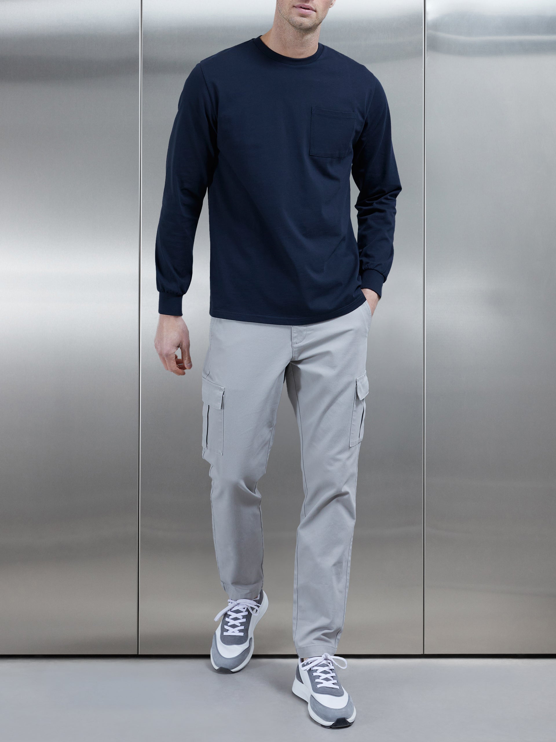 Cotton Pocket Long Sleeve T-Shirt in Navy