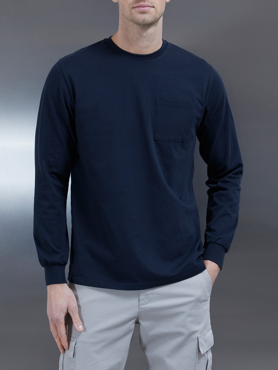 Cotton Pocket Long Sleeve T-Shirt in Navy
