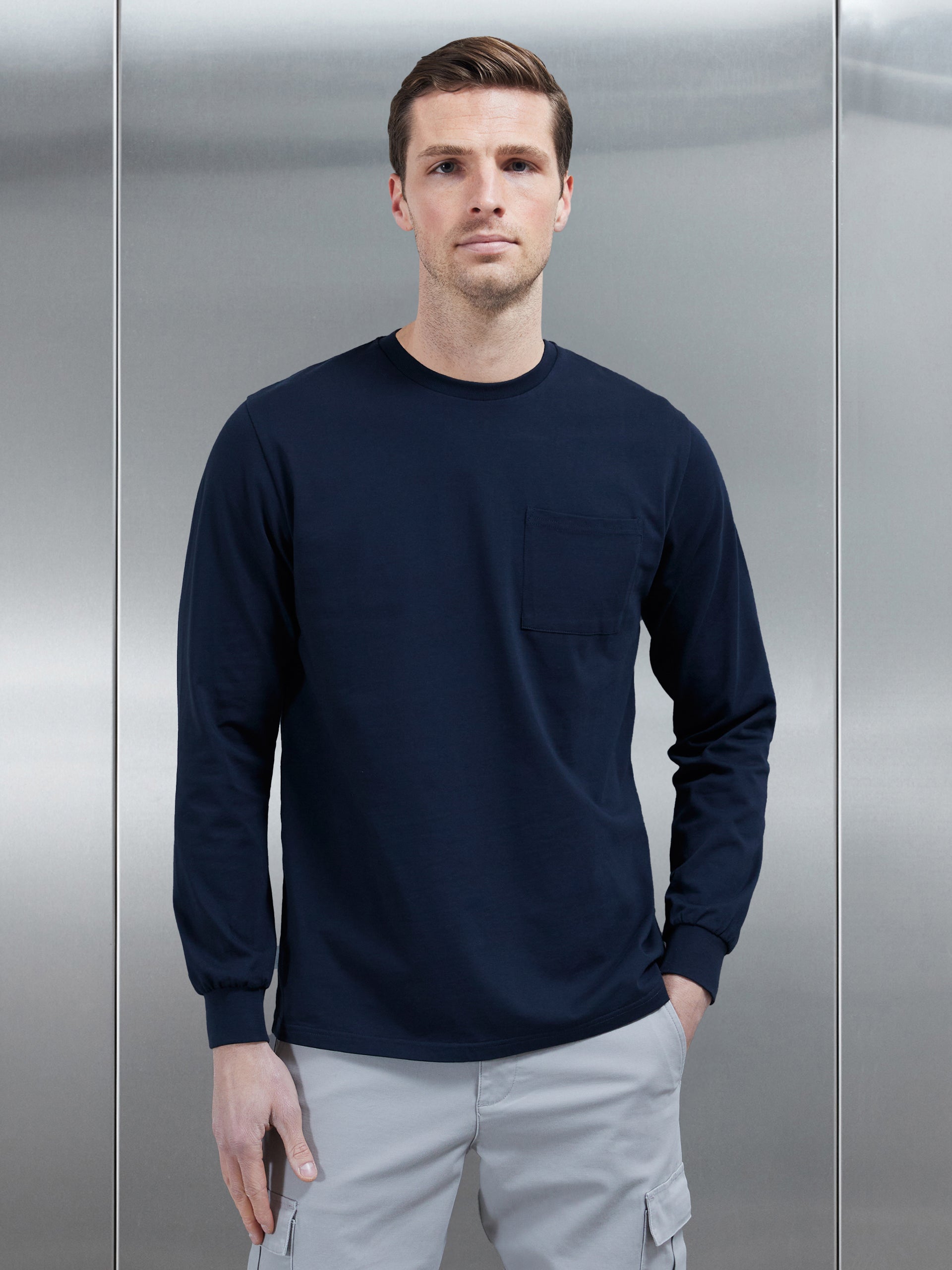 Cotton Pocket Long Sleeve T-Shirt in Navy
