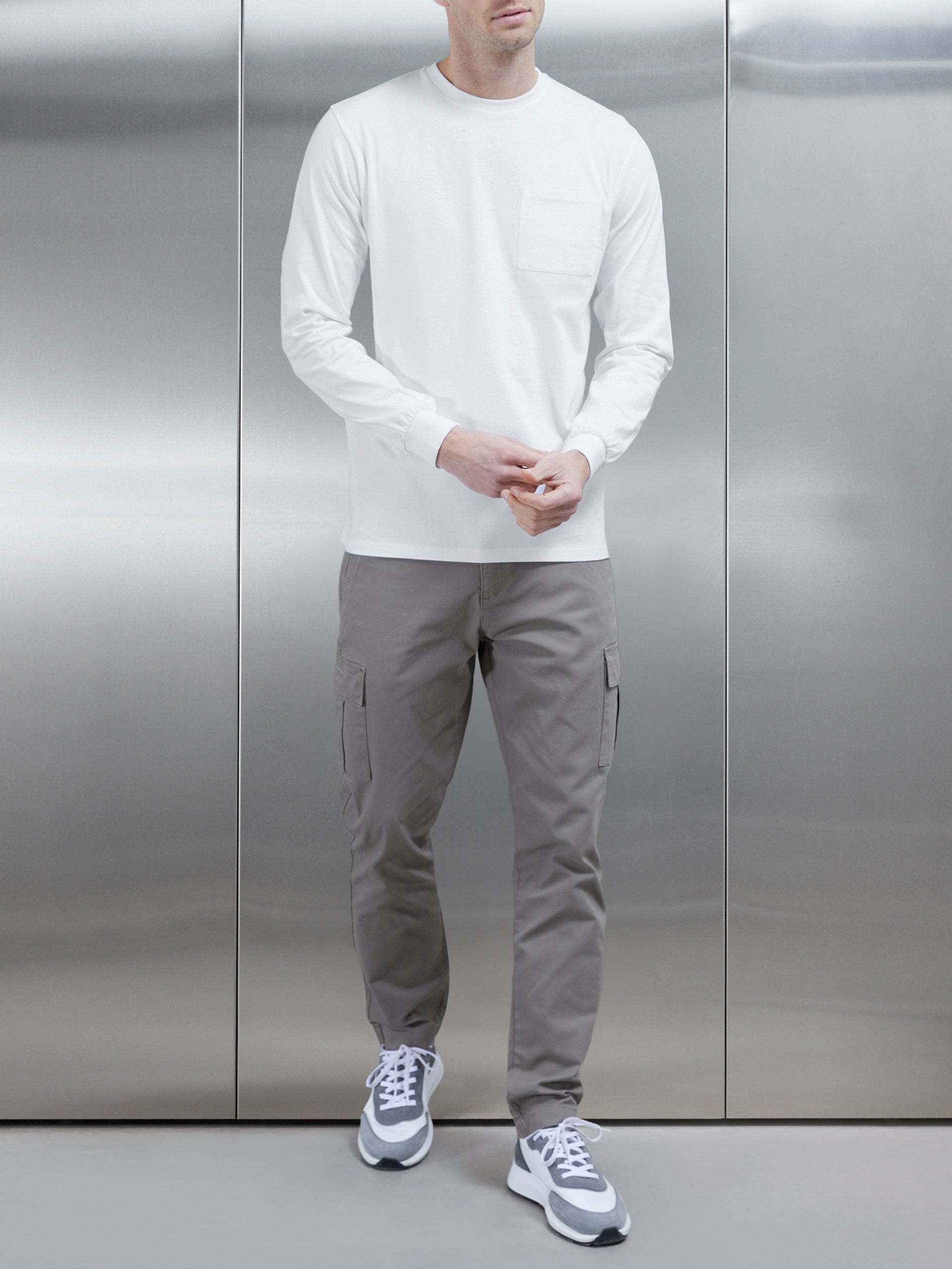 Cotton Pocket Long Sleeve T-Shirt in White