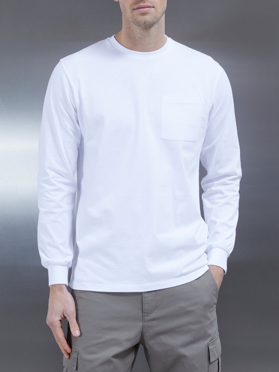 Cotton Pocket Long Sleeve T-Shirt in White