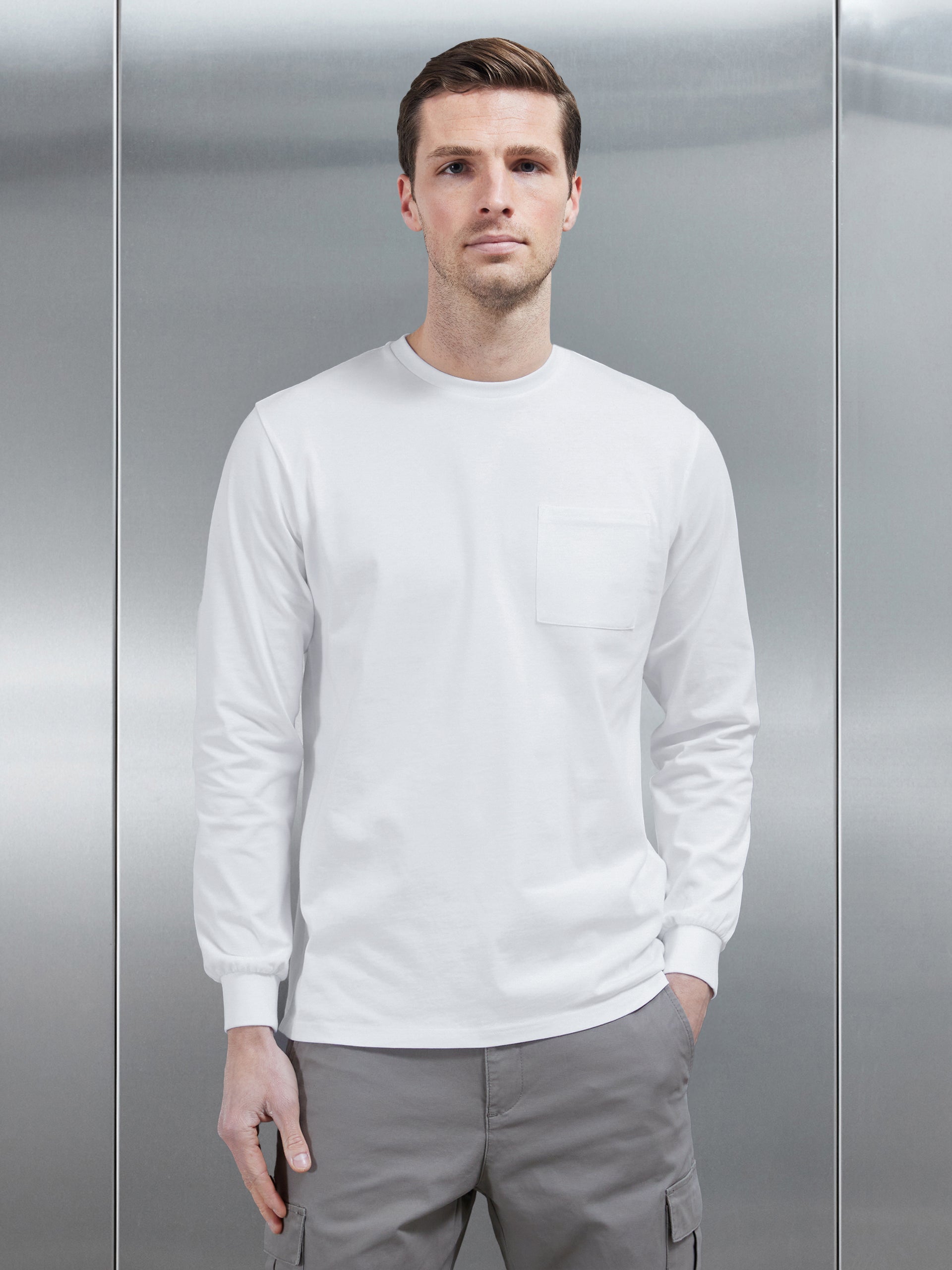 Cotton Pocket Long Sleeve T-Shirt in White