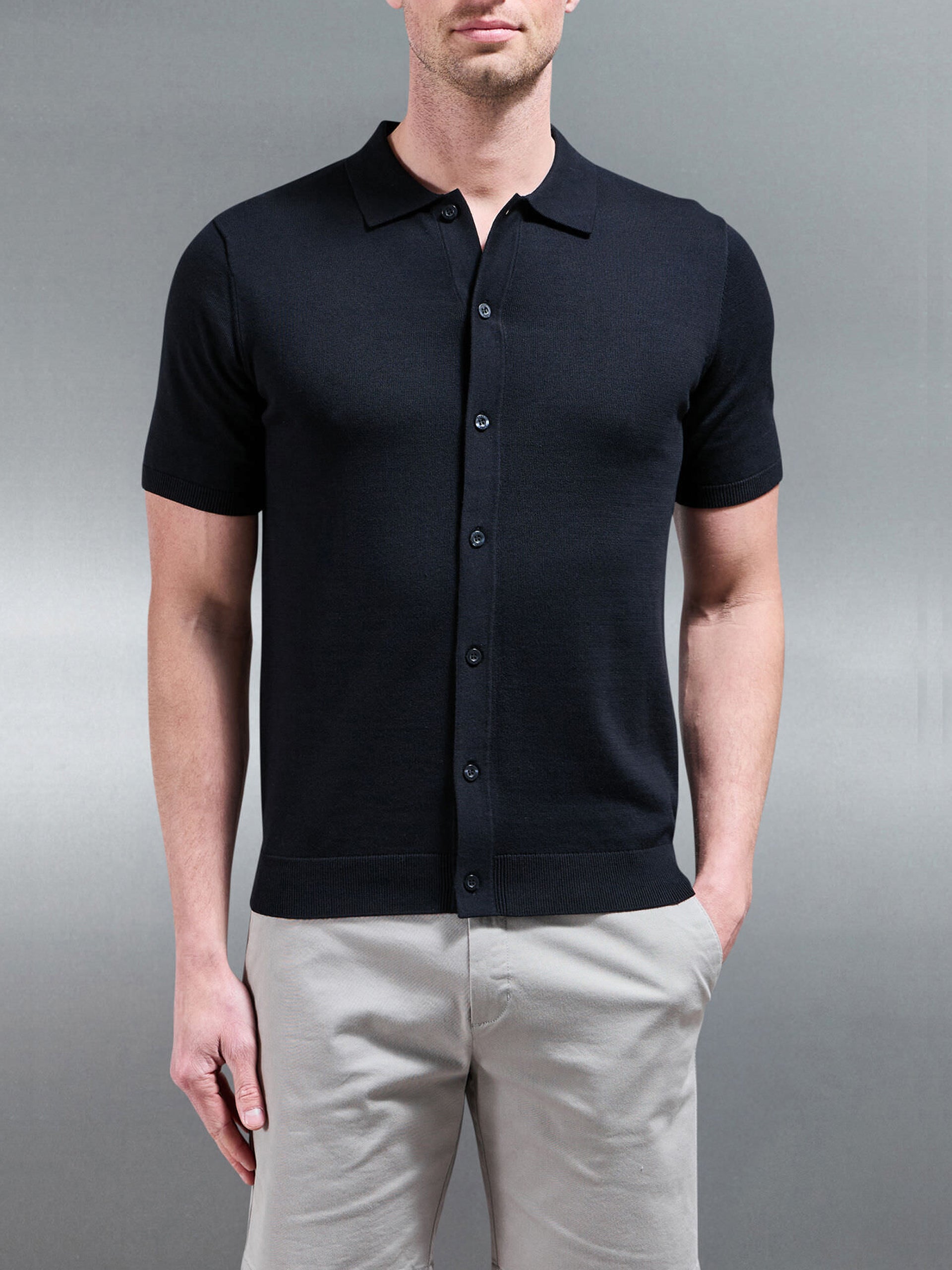 Cotton Knitted Button Through Short Sleeve Shirt in Black