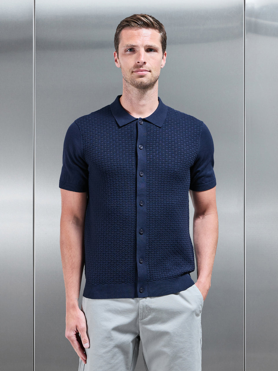 Cotton Knitted Textured Shirt in Navy