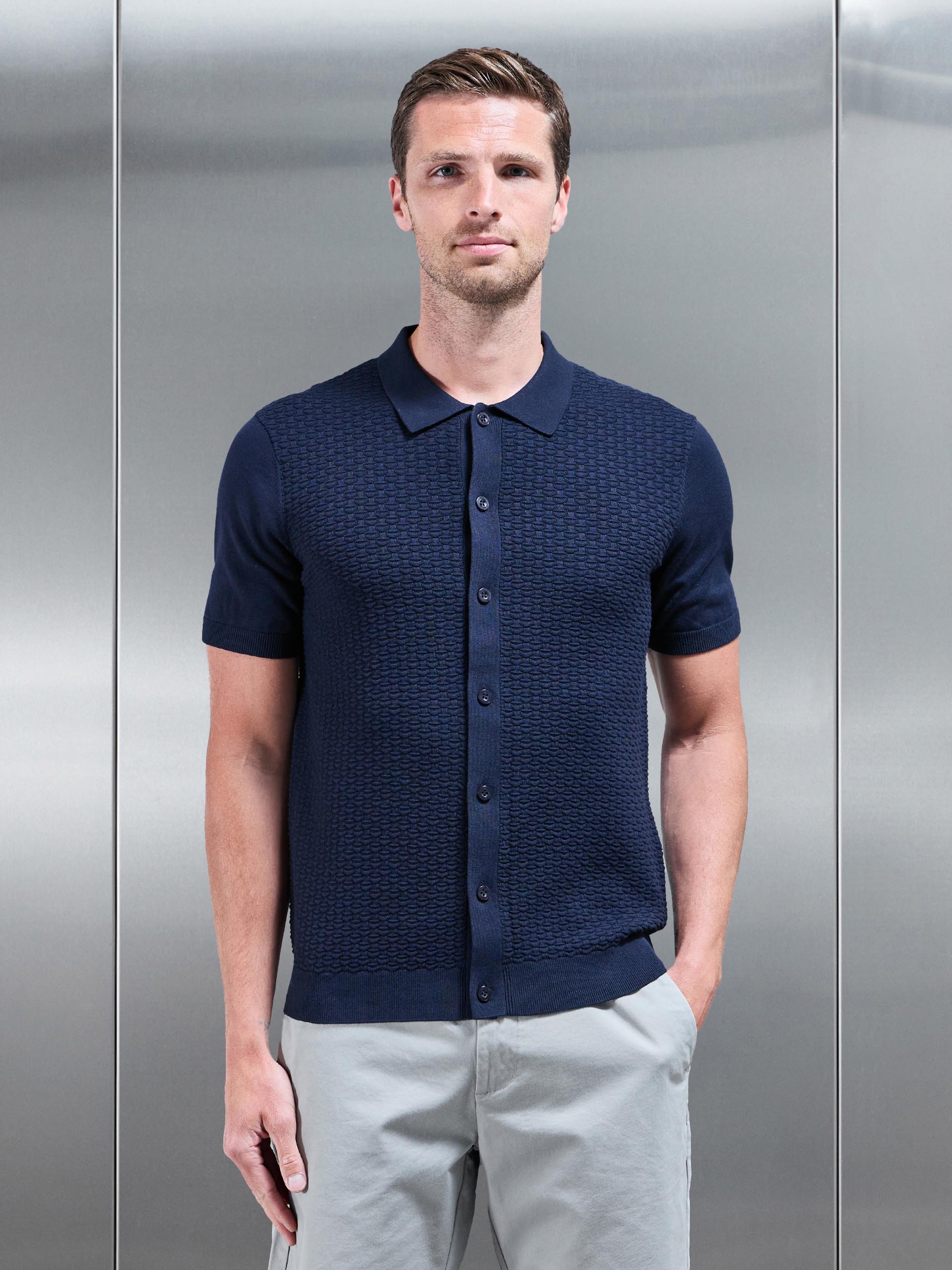 Cotton Knitted Textured Shirt in Navy