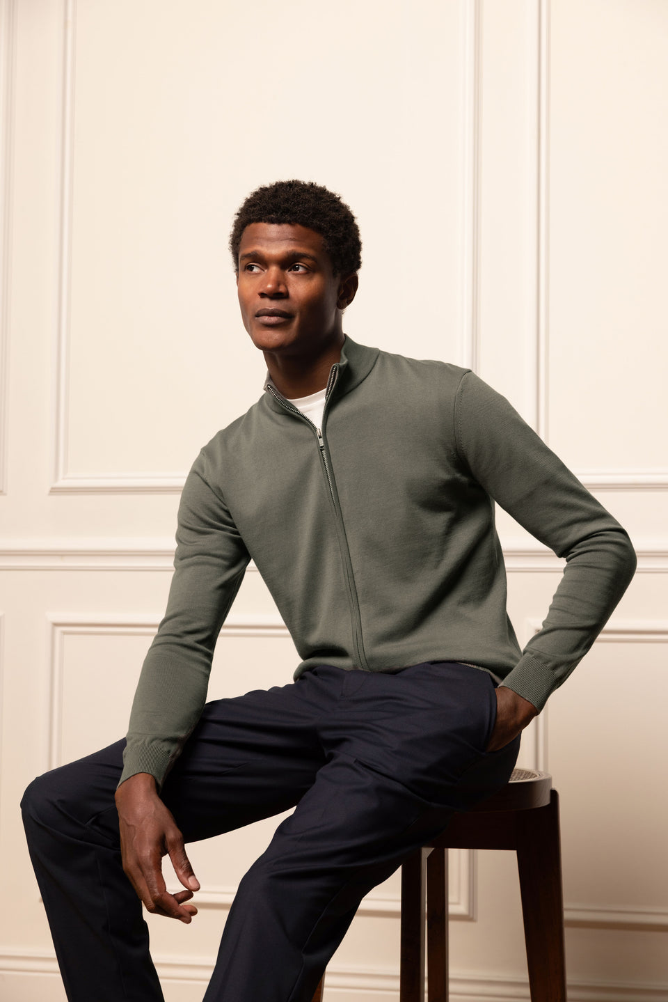 Cotton Knitted Zip Through Jacket In Sage
