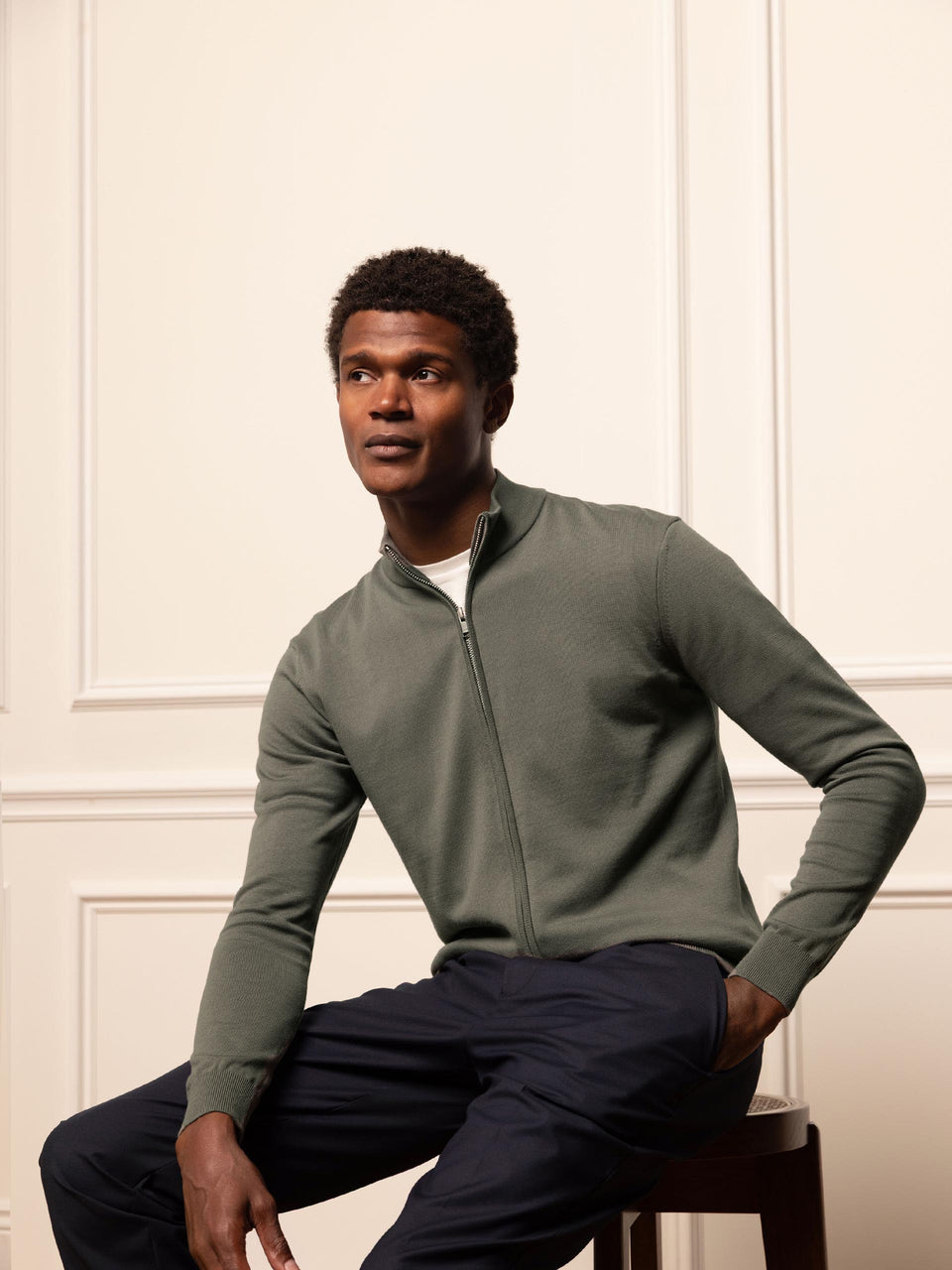 Cotton Knitted Zip Through Jacket in Sage