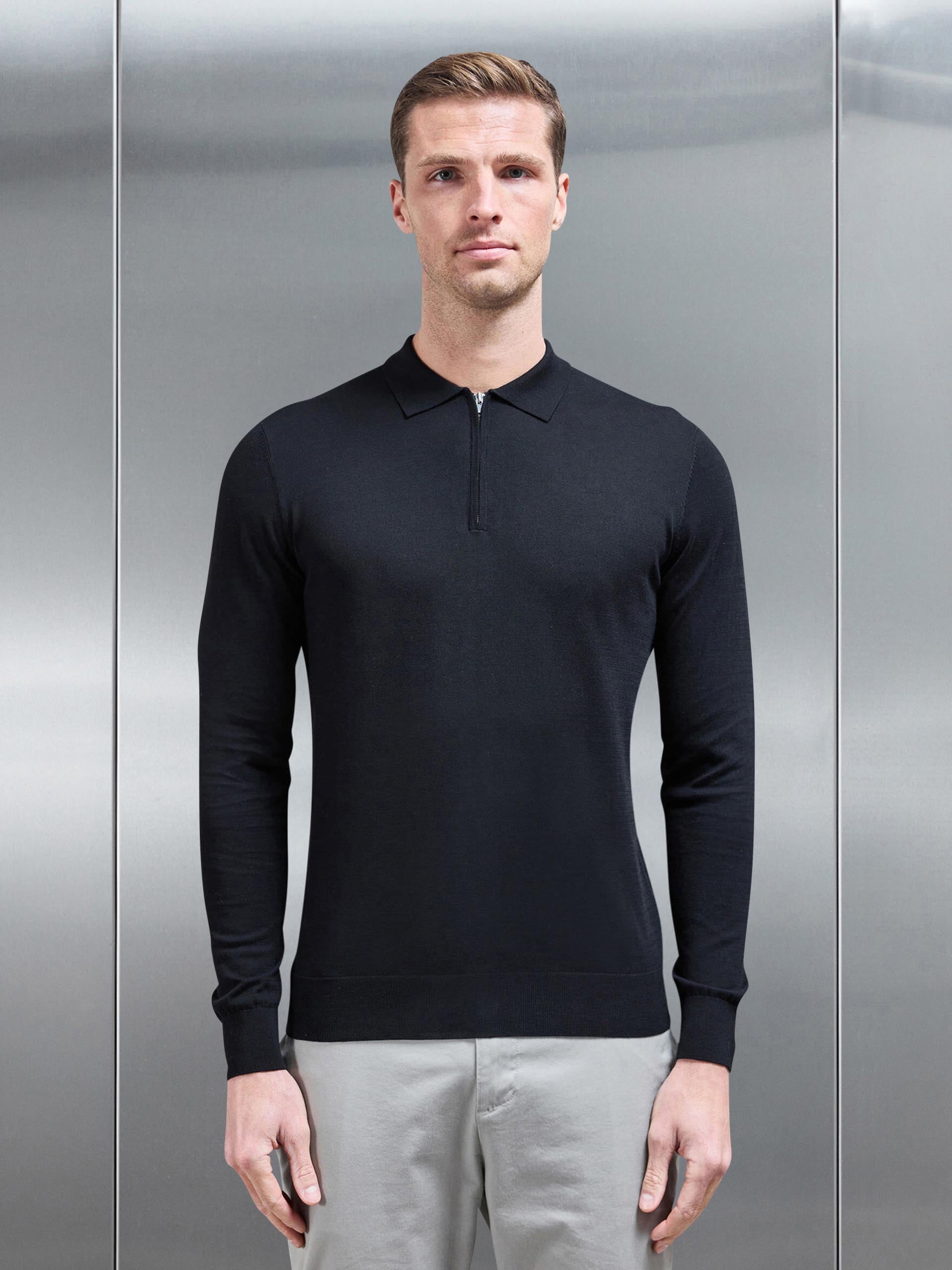 Cotton and Silk Long Sleeve Zip Polo Shirt in Black