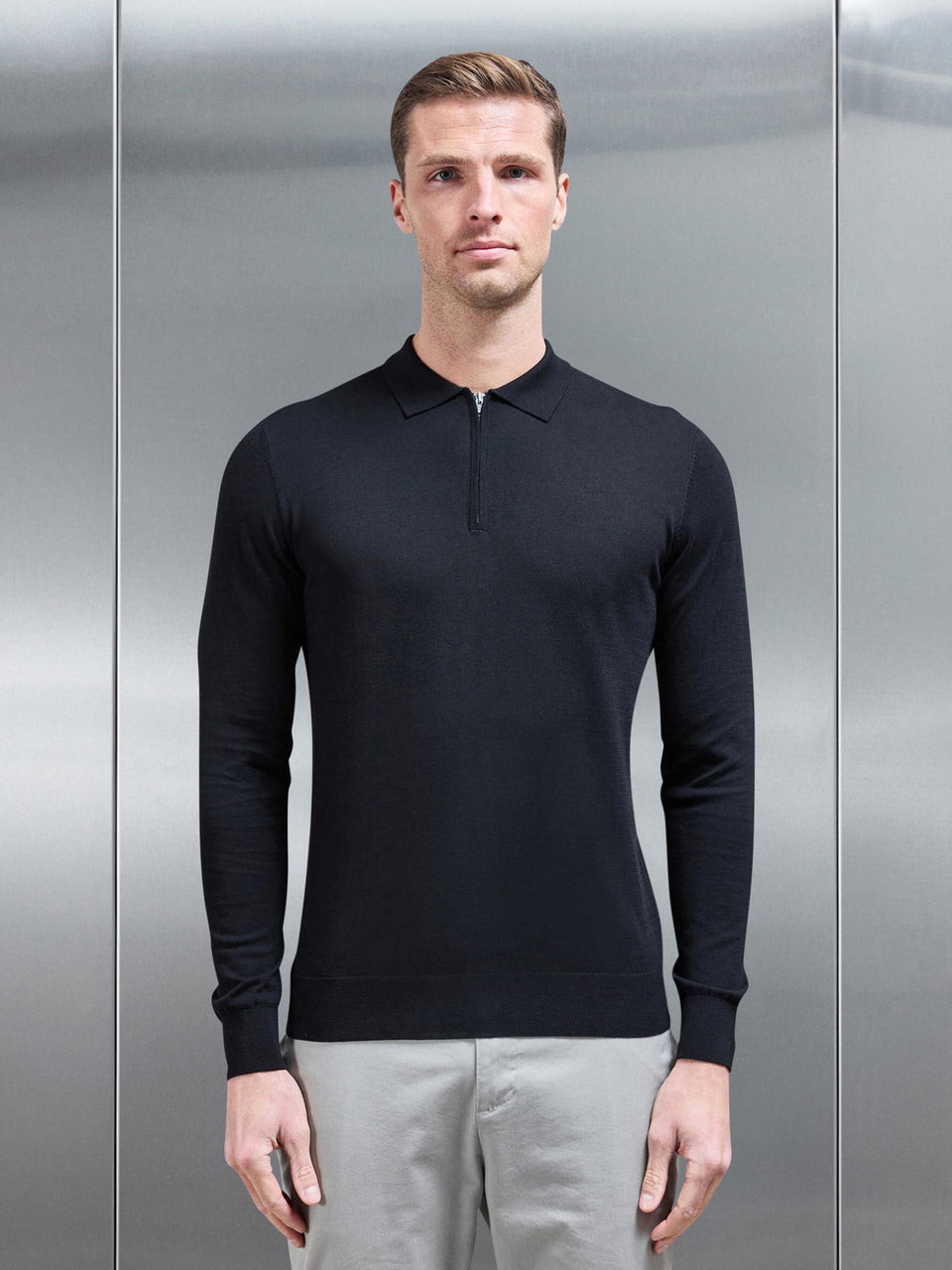 Cotton and Silk Long Sleeve Zip Polo Shirt in Black