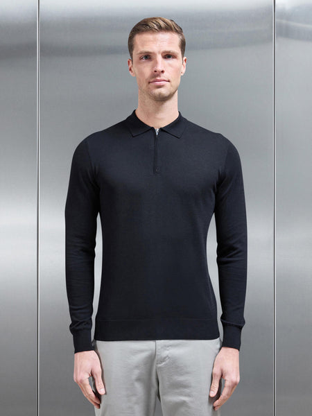 Cotton and Silk Long Sleeve Zip Polo Shirt in Black
