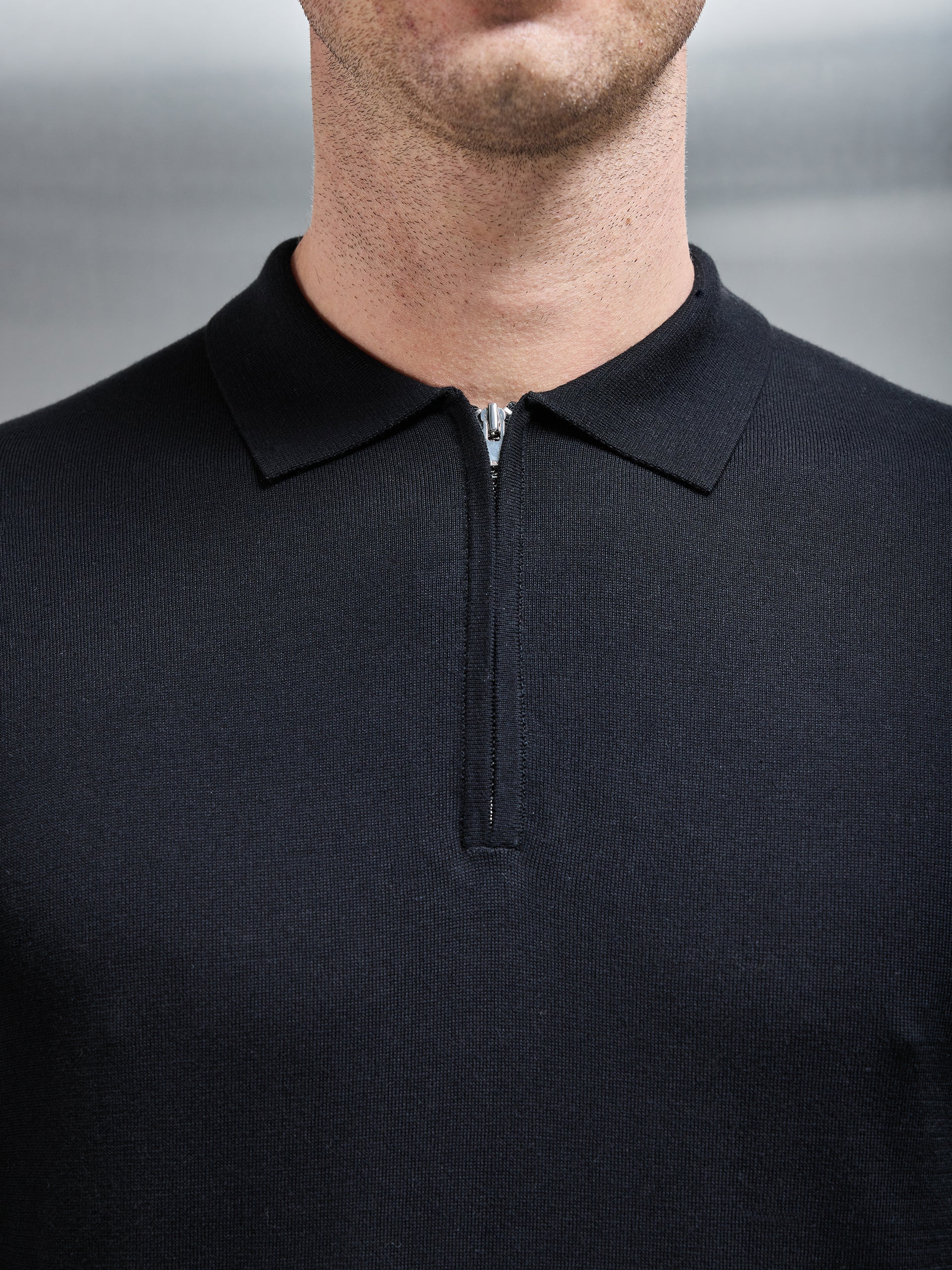 Cotton and Silk Long Sleeve Zip Polo Shirt in Black