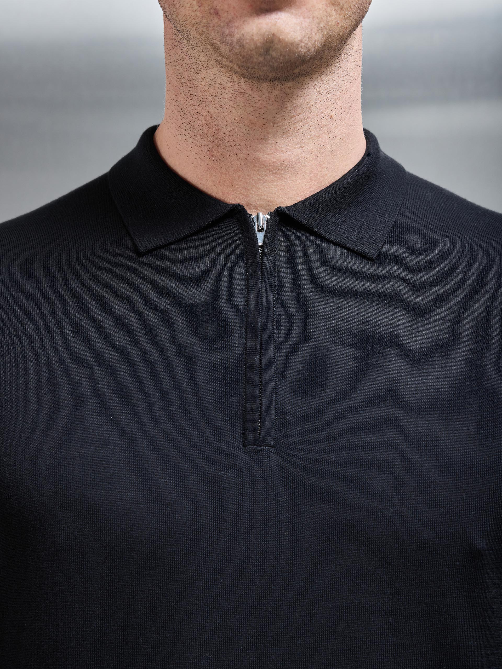 Cotton and Silk Long Sleeve Zip Polo Shirt in Black