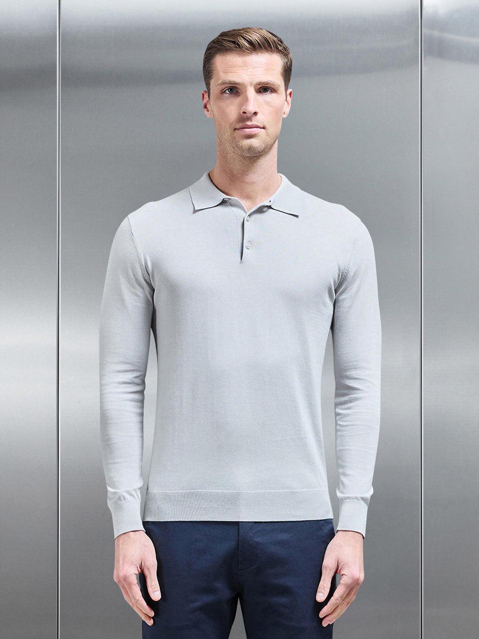 Cotton and Silk Long Sleeve Button Polo Shirt in Mid Grey