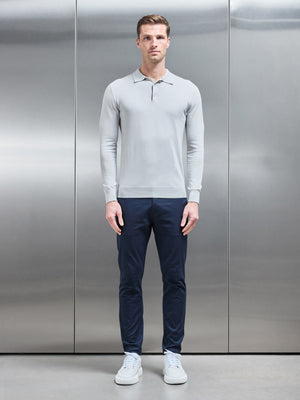 Cotton and Silk Long Sleeve Button Polo Shirt in Mid Grey
