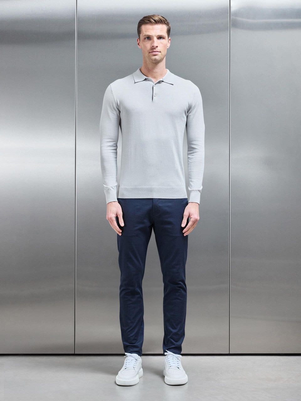 Cotton and Silk Long Sleeve Button Polo Shirt in Mid Grey