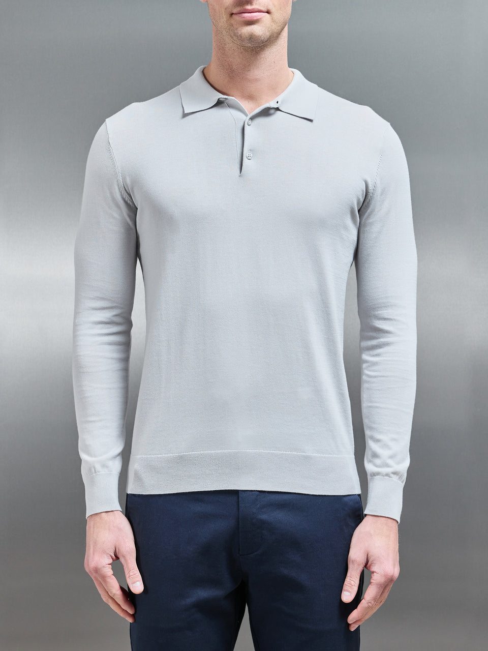 Cotton and Silk Long Sleeve Button Polo Shirt in Mid Grey