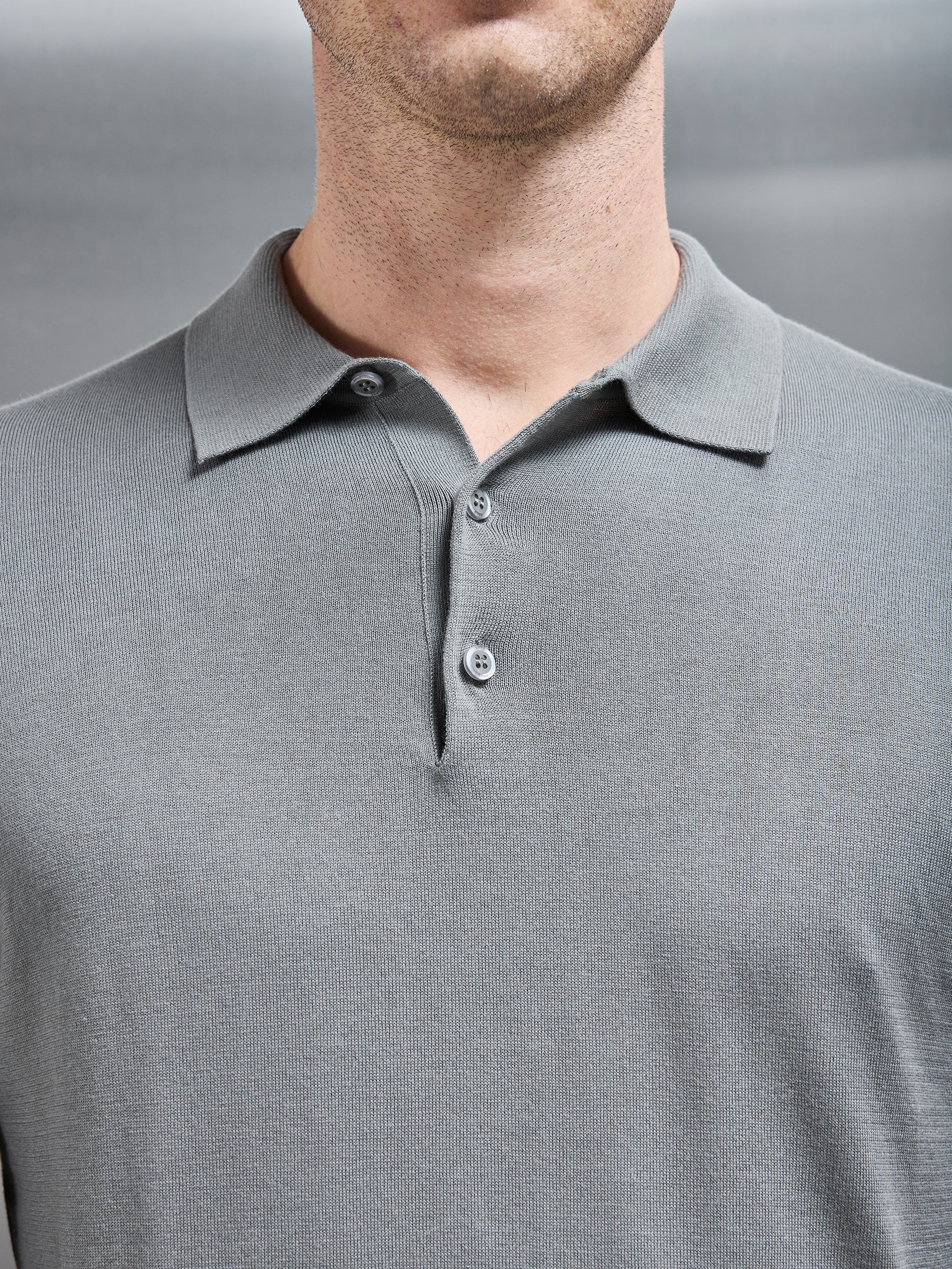 Cotton and Silk Long Sleeve Button Polo Shirt in Sage