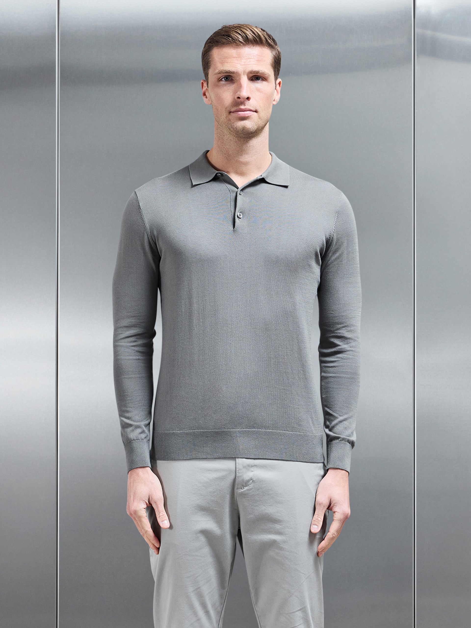 Cotton and Silk Long Sleeve Button Polo Shirt in Sage