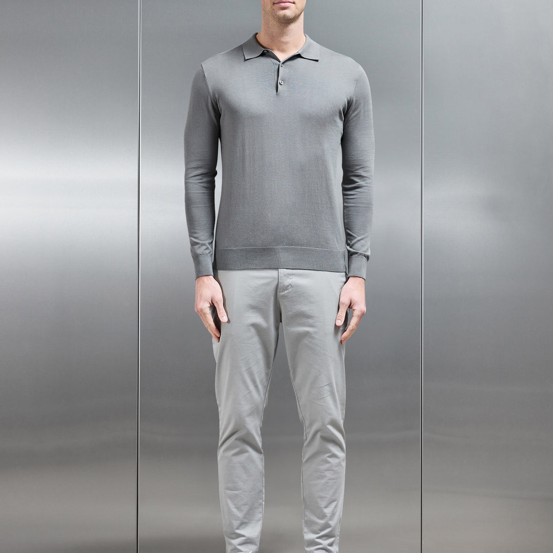 Cotton and Silk Long Sleeve Button Polo Shirt in Sage