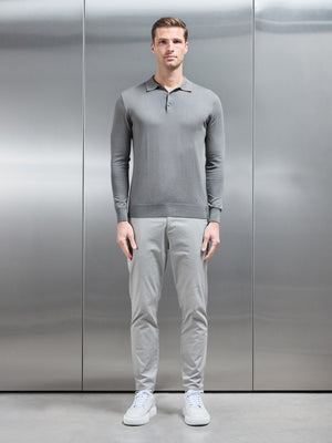 Cotton and Silk Long Sleeve Button Polo Shirt in Sage