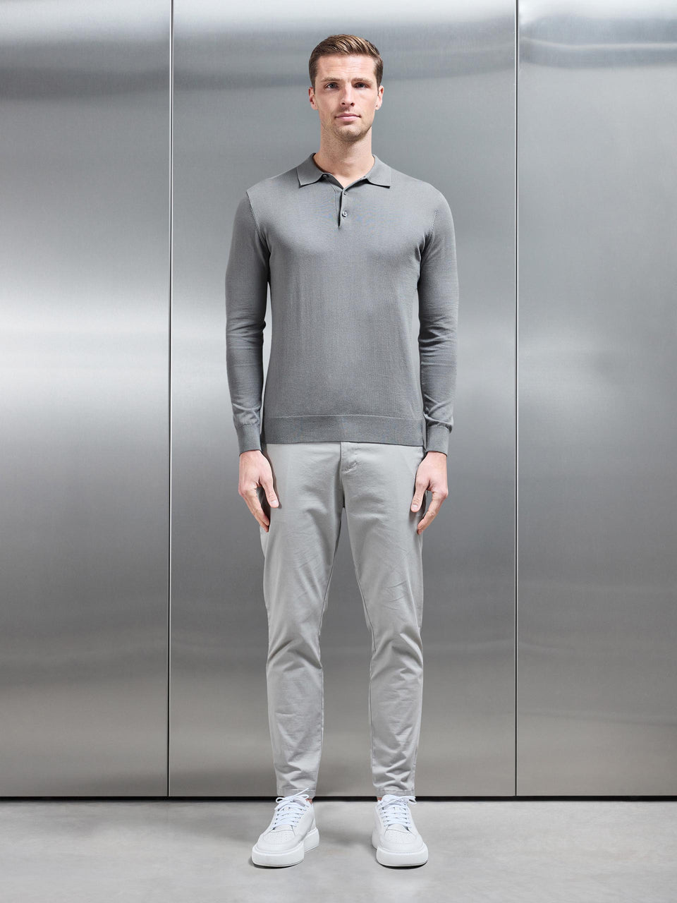 Cotton and Silk Long Sleeve Button Polo Shirt in Sage