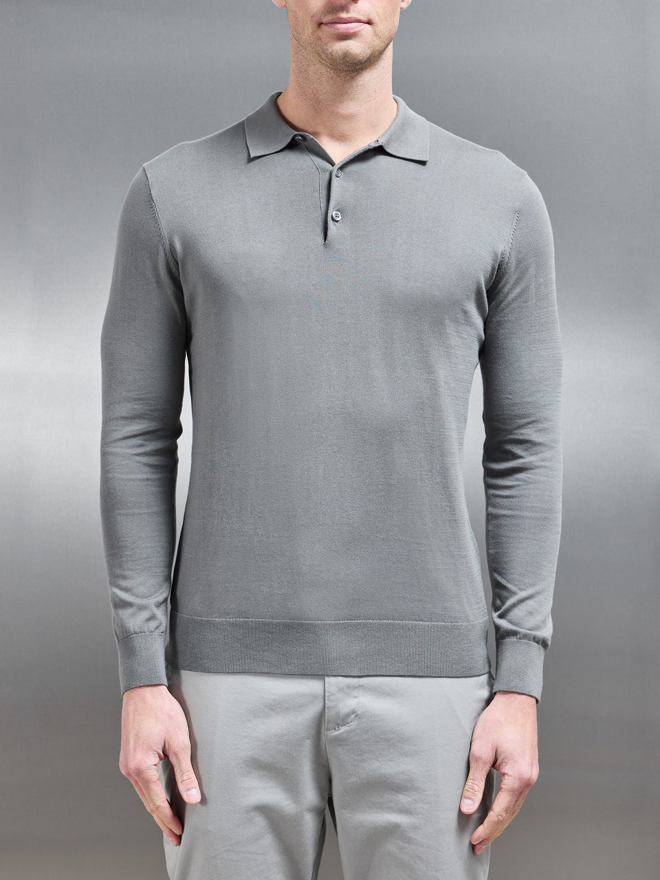 Cotton and Silk Long Sleeve Button Polo Shirt in Sage