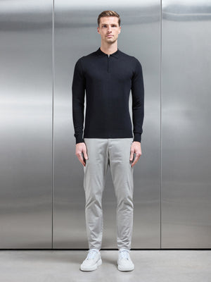 Cotton and Silk Long Sleeve Zip Polo Shirt in Black