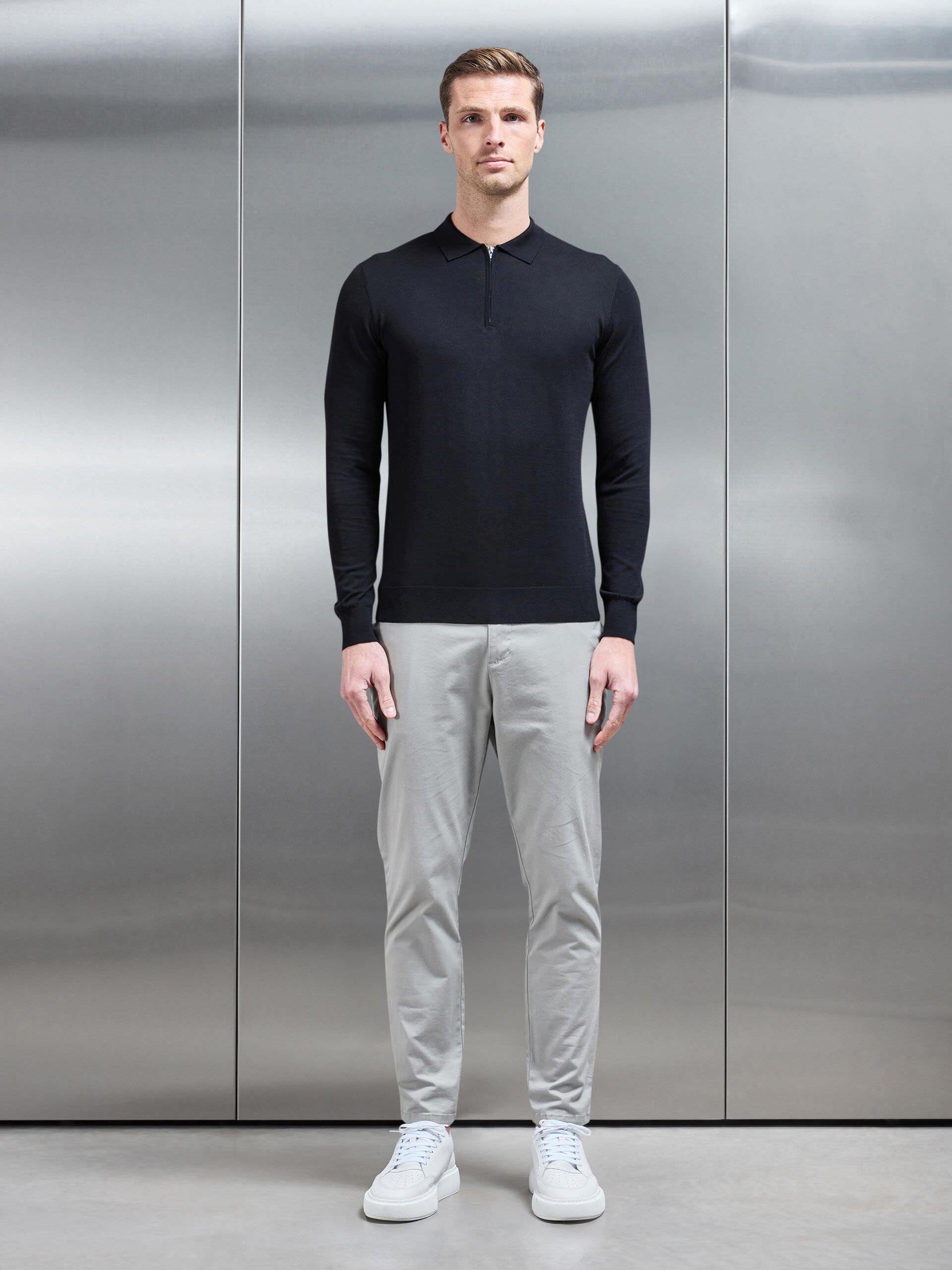 Cotton and Silk Long Sleeve Zip Polo Shirt in Black